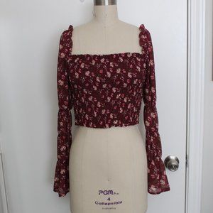 WILD FABLE BURGUNDY FLORAL CROP TOP W/ SHIRRED BODICE & GATHERED SLEEVES SIZE S